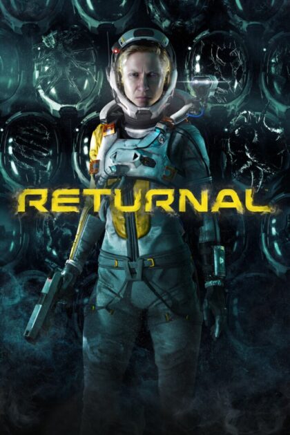Cover for Returnal, featuring Seline and Returnal in yellow eroded letters with what appears to be her helmet broken many times behind her.