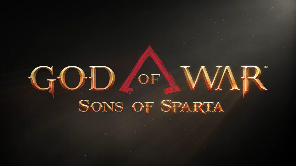 God Of War Sons of Sparta logo in gold letters with a red triangle surrounding the of.